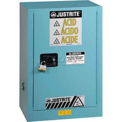 Armoire à acide Justrite de 12 gallons, fermeture automatique, 1 portes, 23-1/4 po L x 18 po P x 35 po H, bleu