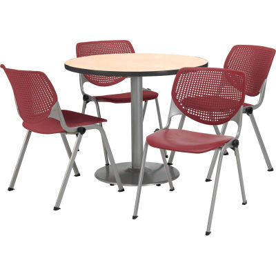 KFI Dining Table & Chair Set - Round - 36"W x 29"H - Burgundy Plastic Chair with Natural Table