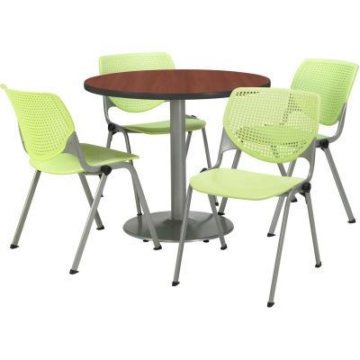 KFI Dining Table & Chair Set - Round - 42"W x 29"H - Lime Plastic Chairs with Mahogany Table