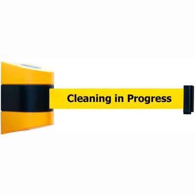 Tensabarrier®Barrière de ceinture rétractable à montage mural, ceinture jaune « Cleaning » de 30 pi, étui jaune