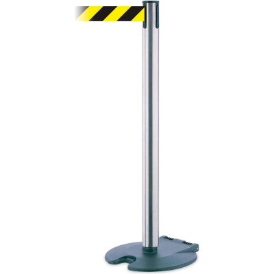 Rollabarrier® Retractable Belt Barrier, 38" Satin Chrome Post, 13' Black/Yellow Belt