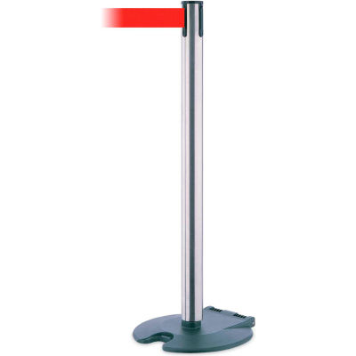 Rollabarrier® Retractable Belt Barrier, 38" Satin Chrome Post, 13' Red Belt