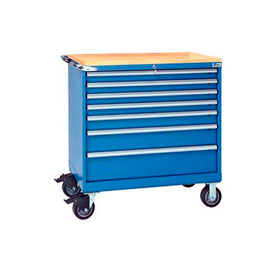 Lista® 7 tiroir 40-1/4" faible profondeur Mobile armoire w/boucherie haut-Bright Blue, Master Keyed