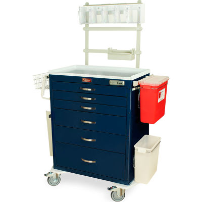 Harloff M-Series Grand chariot d’anesthésie, 6 tiroirs et E Lock, 47-5/8 « L x 22 « L x 66-3 / 4 « H, bleu clair