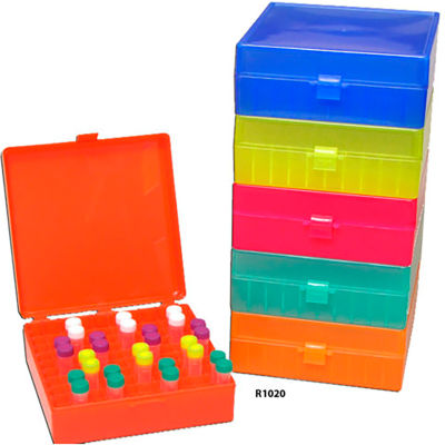 MTC™ Bio Boîte de rangement avec couvercle articulé pour tubes de 1,5 ml, 100 places, rouge, paquet de 5