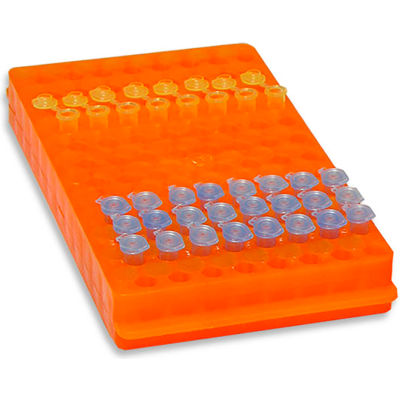 MTC™ Bio Racks Réversibles pour tubes 1,5/2 ml ou 0,5 ml, 96 places, orange, pack de 5