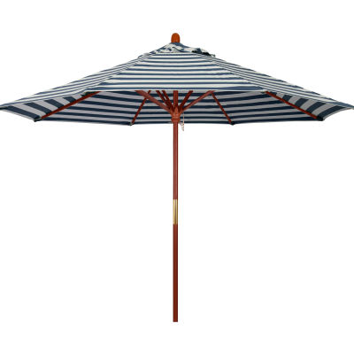 Parapluie de la Californie 9' Patio Umbrella - Bande blanche de Cabana de marine - Pôle de bois franc - Série Grove