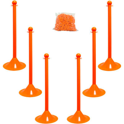 M. Chain Light Duty Plastic Stanchion Kit With 2"x50'L Chain, 41"H, Safety Orange, 6 Pack