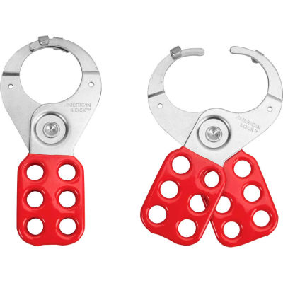 Master Lock® ALO802 sécurité Hasp, 1-1/2" mâchoires de diamètre en acier avec pattes, rouge de verrouillage