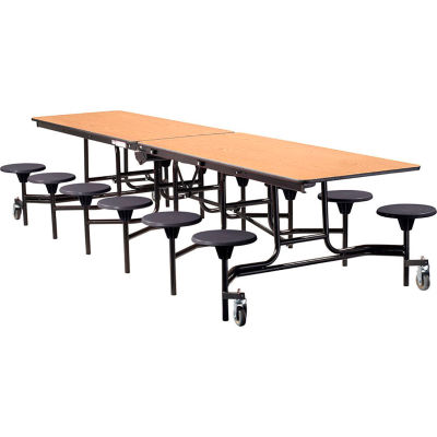 Table de cafétéria mobile NPS® avec tabourets, 145 « L x 59"W, plateau en chêne / tabourets noirs / cadre noir