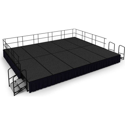 NPS® 16' x20' Stage Package, 24" Height, Gray Carpet, Black Shirred Pleat Skirting