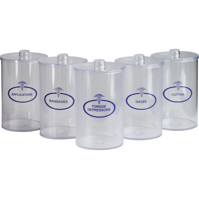 Tech-Med Clear Plastic Divers Jars, Blue Imprint, Couvercles en plastique, 6-1/2"H x 4-1/4"Dia, 5/Case