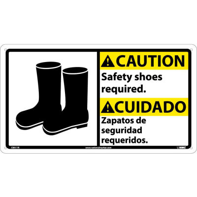 Bilingual Plastic Sign - Caution Safety Shoes Required
