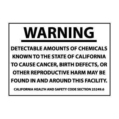California Proposition 65 Vinyl Sign - Warning Detectable Amounts Of Chemicals