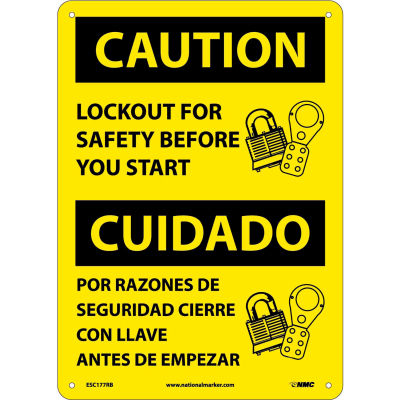 Bilingual Plastic Sign - Caution Lockout For Safety Before You Start