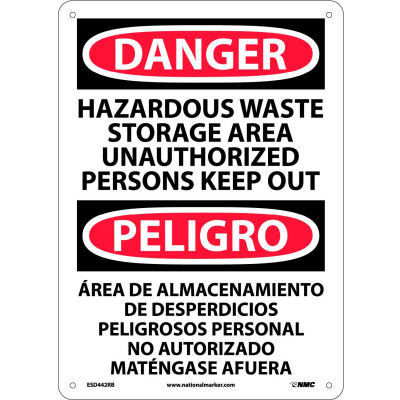 Bilingual Plastic Sign - Danger Hazardous Waste Storage Area Unauthorized Out