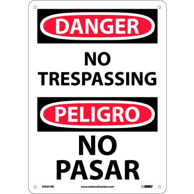 Panneau bilingue en plastique NMC™, Danger No Trespassing, 10 po L x 14 po H