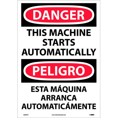 Enseigne en vinyle bilingue NMC™, Danger Cette machine démarre automatiquement, 14 po L x 20 po H