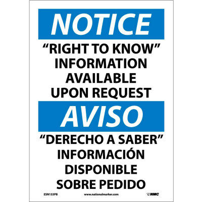 Bilingual Vinyl Sign - Notice "Right To Know" Information Available Upon Request