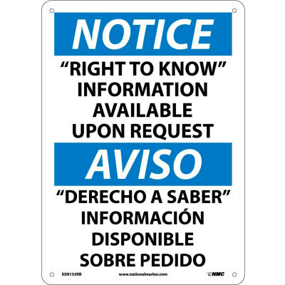 Bilingual Plastic Sign - Notice "Right To Know" Information Available Request