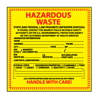 Étiquettes de vinyle de déchets dangereux - État de la Californie