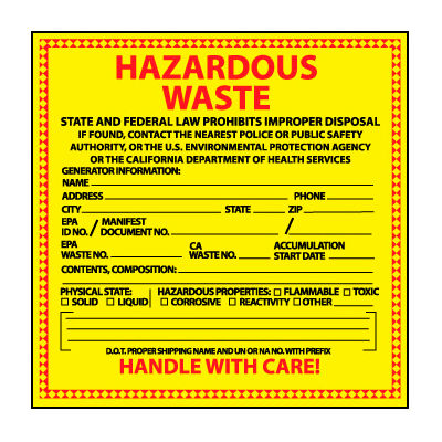 Hazardous Waste Paper Labels - State of California