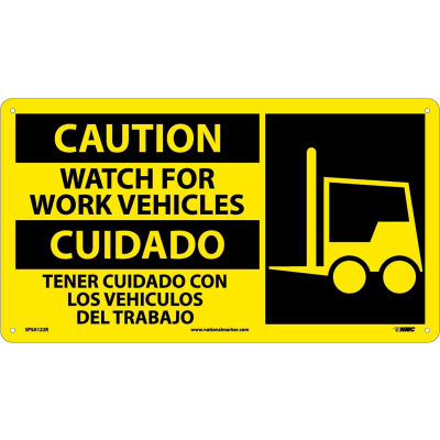 Bilingual Plastic Sign - Caution Watch For Work Vehicles