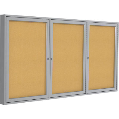 Ghent Enclosed Bulletin Board - 3 Door - Natural Cork w/Silver Frame - 48" x 96"
