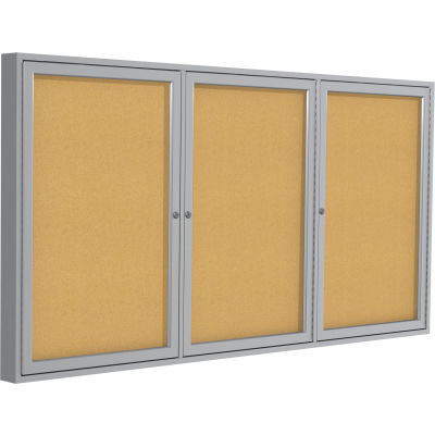 Ghent Enclosed Bulletin Board - 3 Door - Natural Cork w/Silver Frame - 48" x 96"