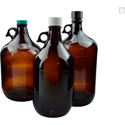 Qorpak® 128oz Amber Jug w/38-400 Black Phenolic w/Pulp/Vinyl Cap, 6PK