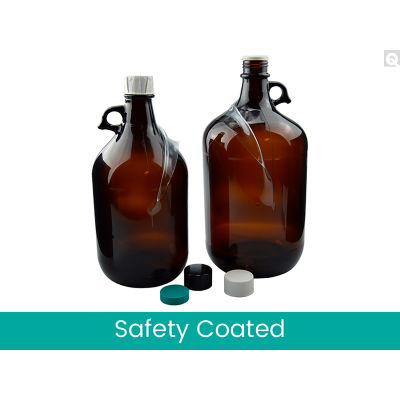 Qorpak® 84oz Safety Coated Amber Jug w/38-430 Black Phenolic F217 & PTFE Cap, 6PK