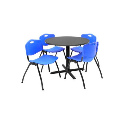 Regency 36" Round Table & Chair Set W/Standard Plastic Chairs, Walnut Table/Blue Chairs