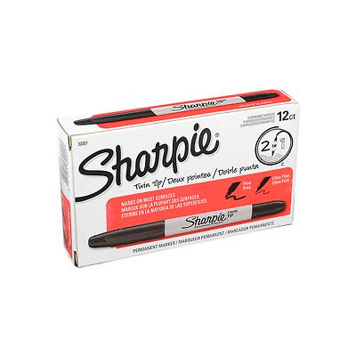 Sharpie® Twin-Tip Permanent Marker, Fine/Ultra Point, Black Ink - Qté par paquet : 12