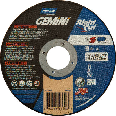 Norton 66252823602 Gemini Right Angle Cut-Off Wheel 4-1/2" x 0,045" x 7/8" 36 Grit Alum. Oxyde Type 1 - Qté par paquet : 25
