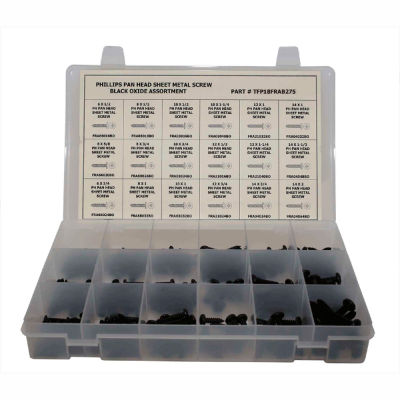 Assortiment de vis en tôle de 275 pièces (tapping) - #6 à #14 - Tête cylindrique Phillips - Oxyde noir