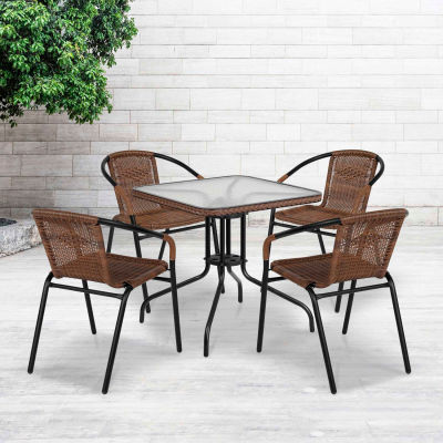 Flash Furniture® Square Glass Outdoor Dining Table Set w / 4 chaises empilables en rotin, brun foncé
