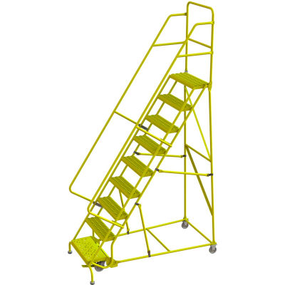 Tri Arc Serrated 24"W 9 Step Steel Rolling Ladder, 10"D Top Step - KDSR109242-Y