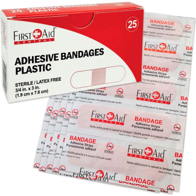 Bandages en plastique adhésifs centraux™ de premiers soins, 3/4"x 3 », 25/Boîte