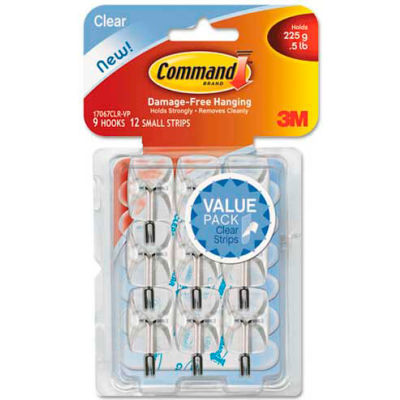 3M Command™ Clear crochets & bandes, plastique/fils, petit, w/9 12 crochets bandelettes adhésives par paquet