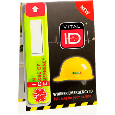 Étiquette d’identification d’urgence pour travailleur Vital ID avec fenêtre de données 3 po x 2-1/2 po, s’adapte au casque de sécurité, réfléchissante, 25/pqt