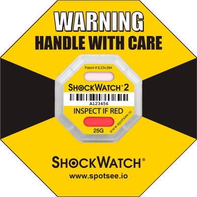 SpotSee™ ShockWatch® 2 indicateurs d’impact encadrés sérialisés, gamme 25G, jaune, 50/box - Qté par paquet : 2